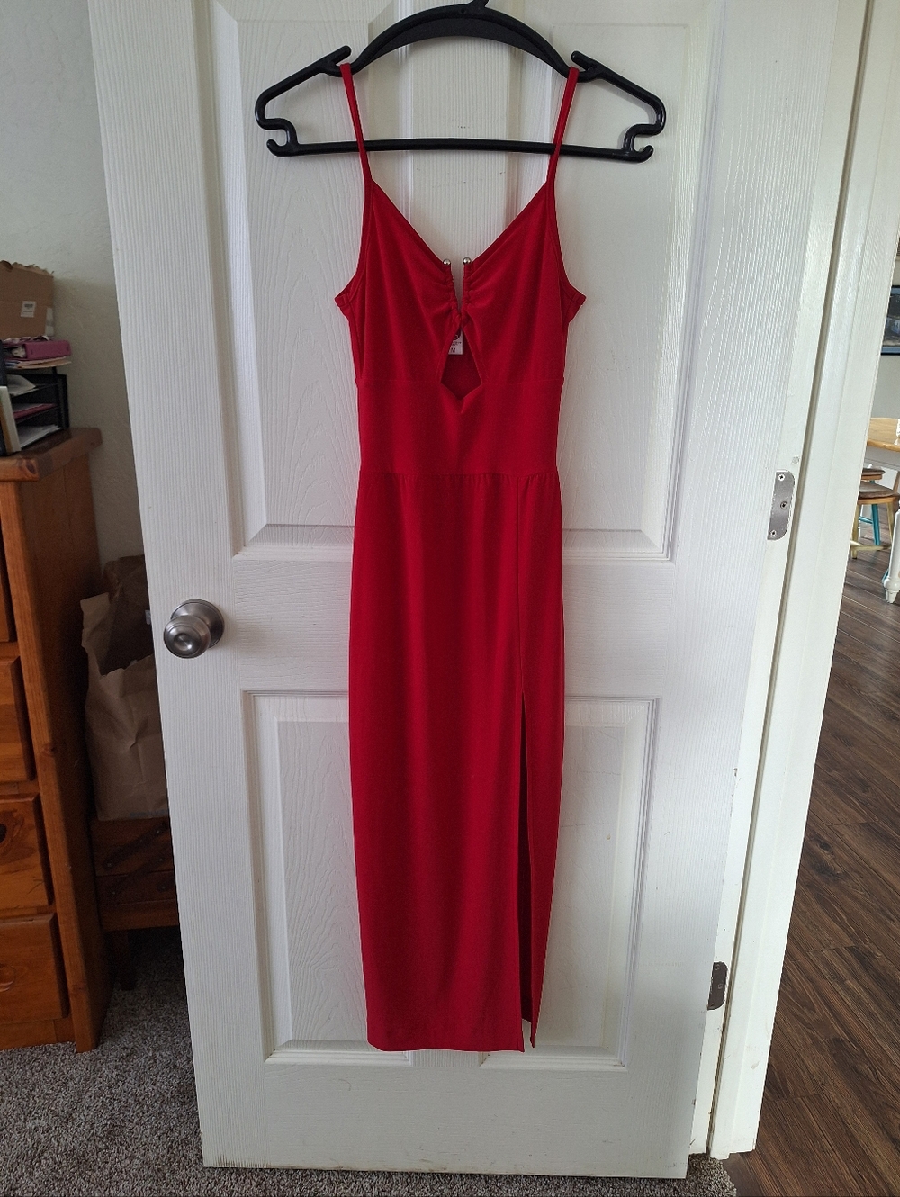 Red Spaghetti-Strap Dress with Front Slit